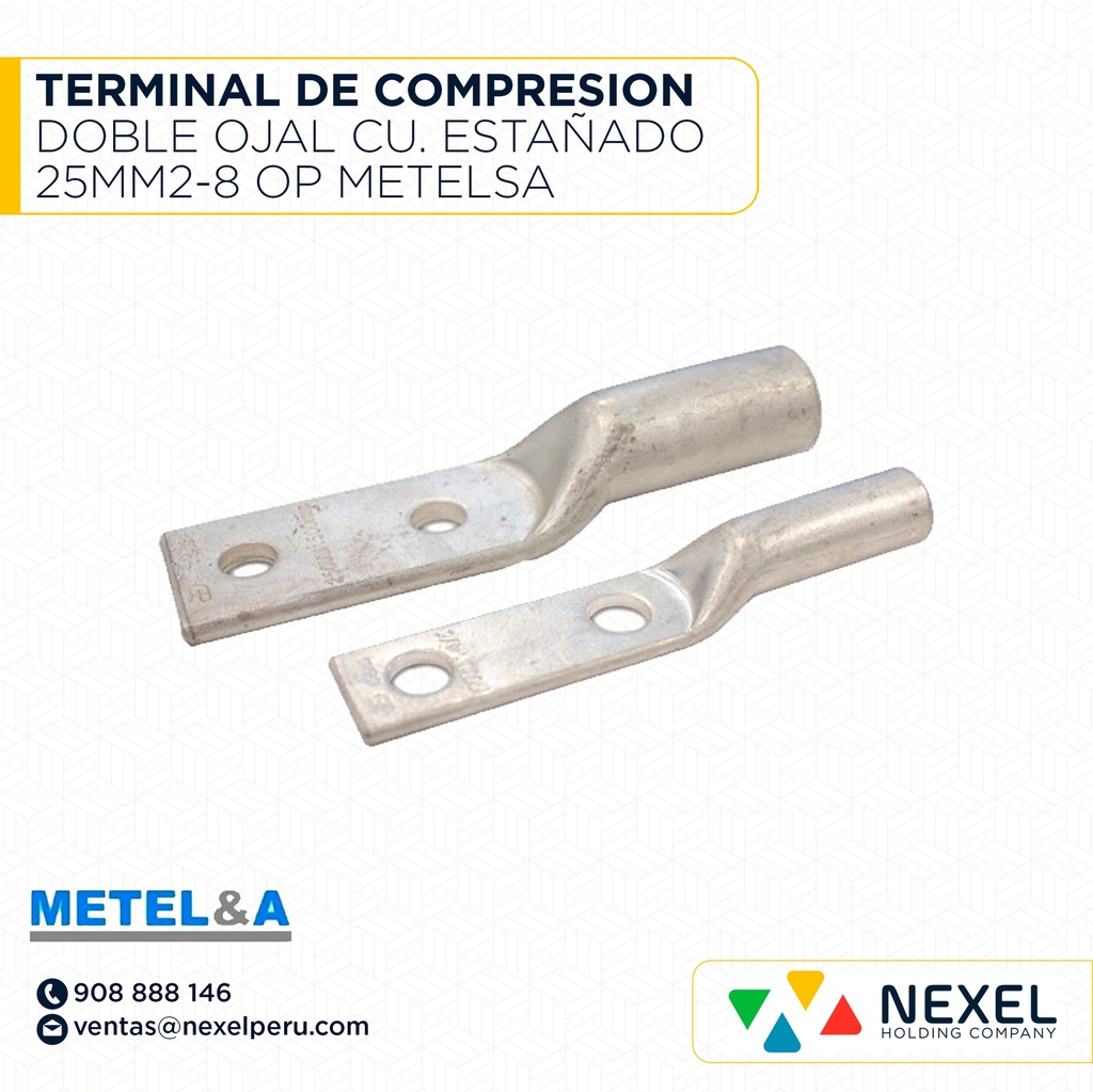 TERMINAL DE COMPRESION DOBLE OJAL CU. ESTAÑADO 25MM2-8 OP METELSA