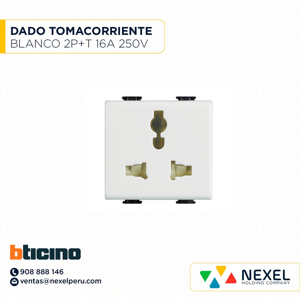 DADO TOMACORRIENTE UNIVERSAL DOBLE 3 MOD BLANCO 2P+T 16A 250V MATIX AM5025DWT + PLACA 3 MOD AM503/3BN BTICINO