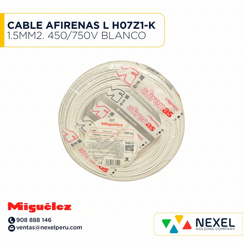 CABLE AFIRENAS L H07Z1-K 1.5MM2. 450/750V LIBRE DE HALÓGENO BLANCO. CLASE 5 MIGUELEZ