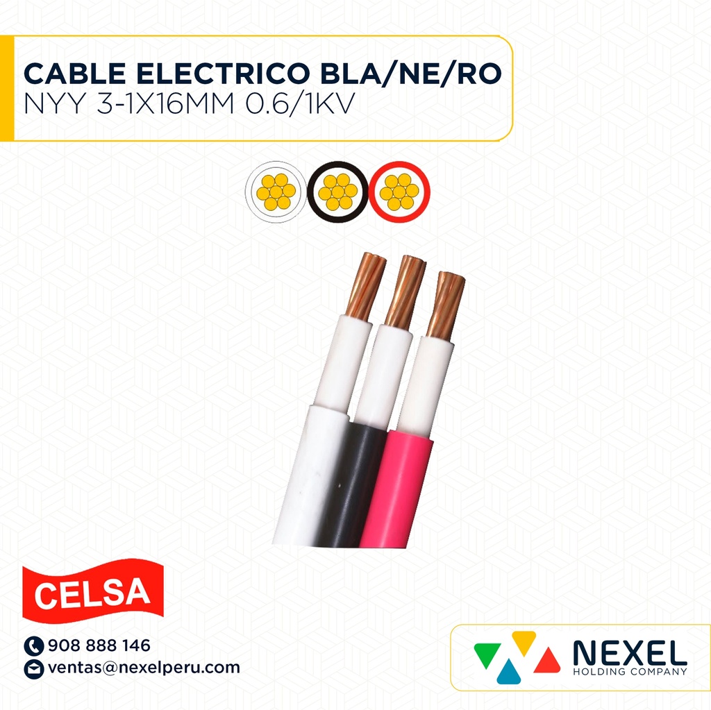 CABLE ELECTRICO NYY 3-1X16MM 0.6/1KV BLA/NE/RO CELSA