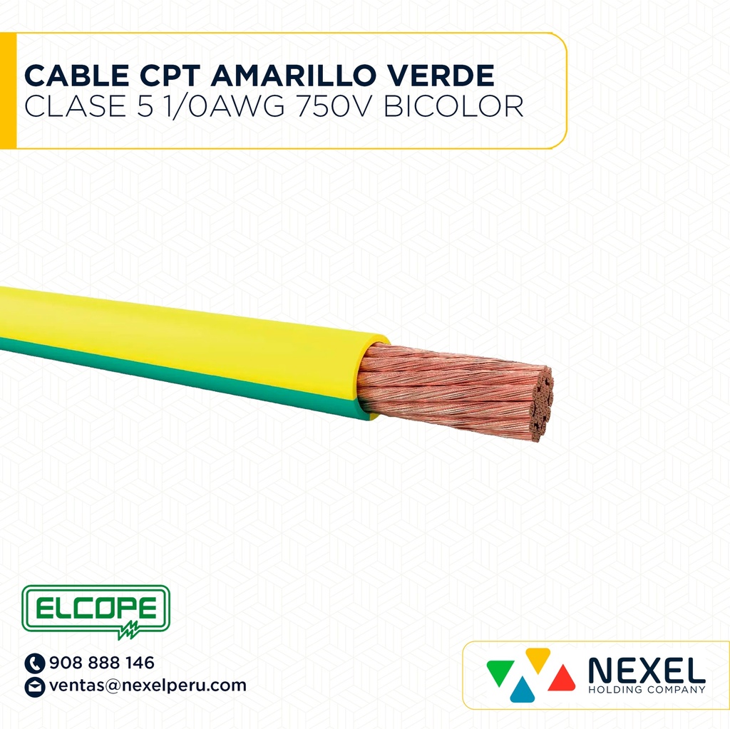 CABLE CPT CLASE 5 1/0AWG 750V AMARILLO VERDE BICOLOR ELCOPE