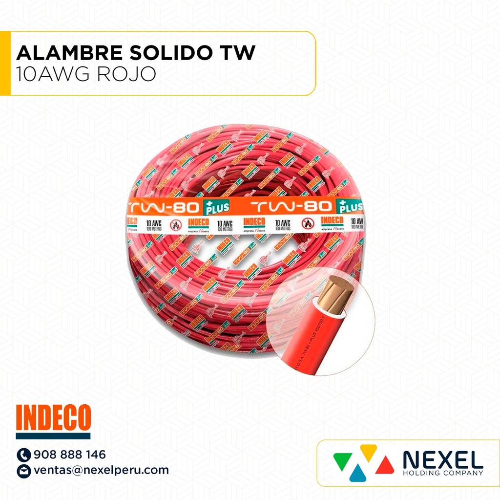 ALAMBRE SOLIDO TW 10AWG ROJO INDECO