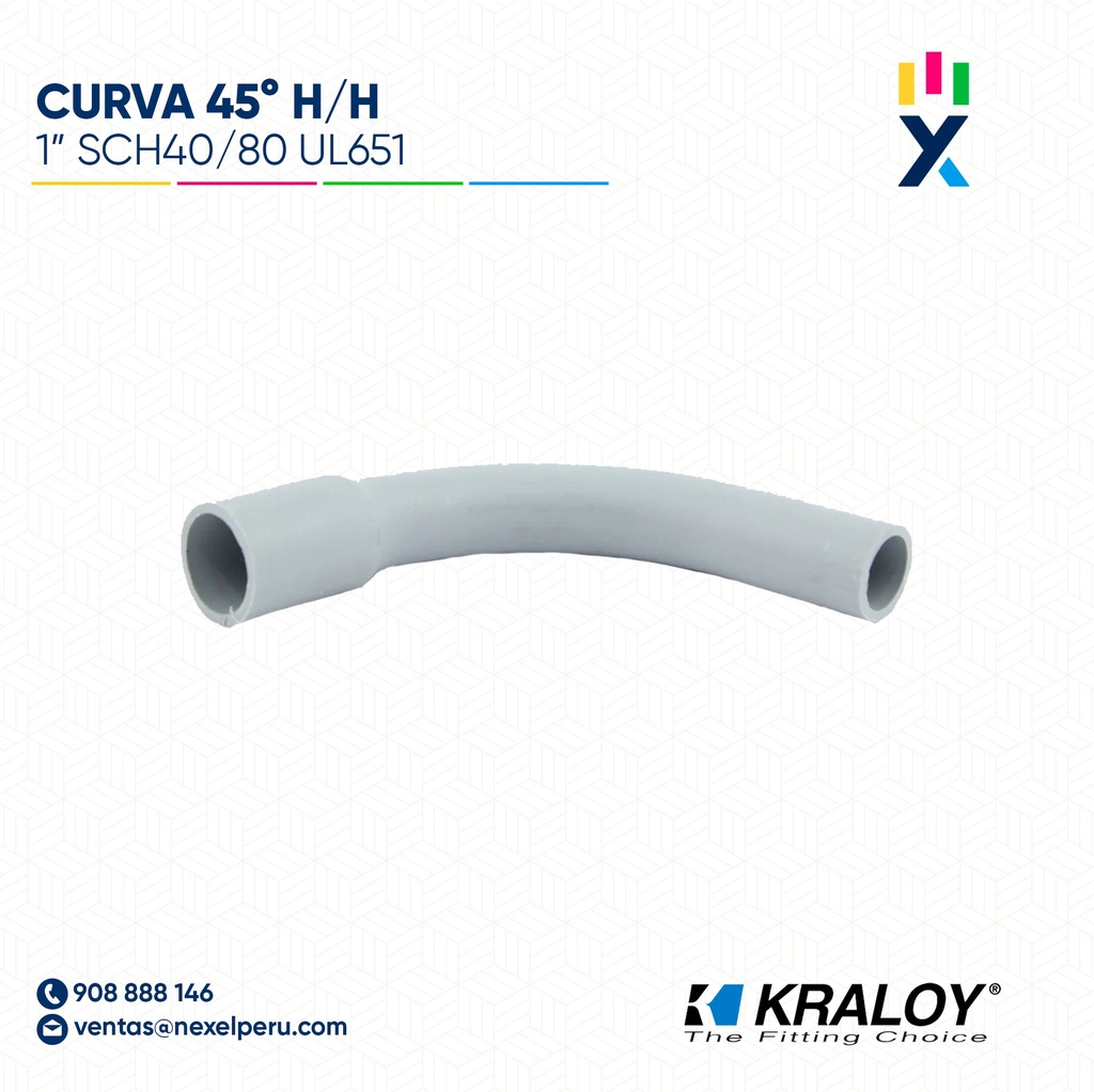 CURVA PVC SCH40 45° HEMBRA/HEMBRA 1" (25MM) UL651 KRALOY