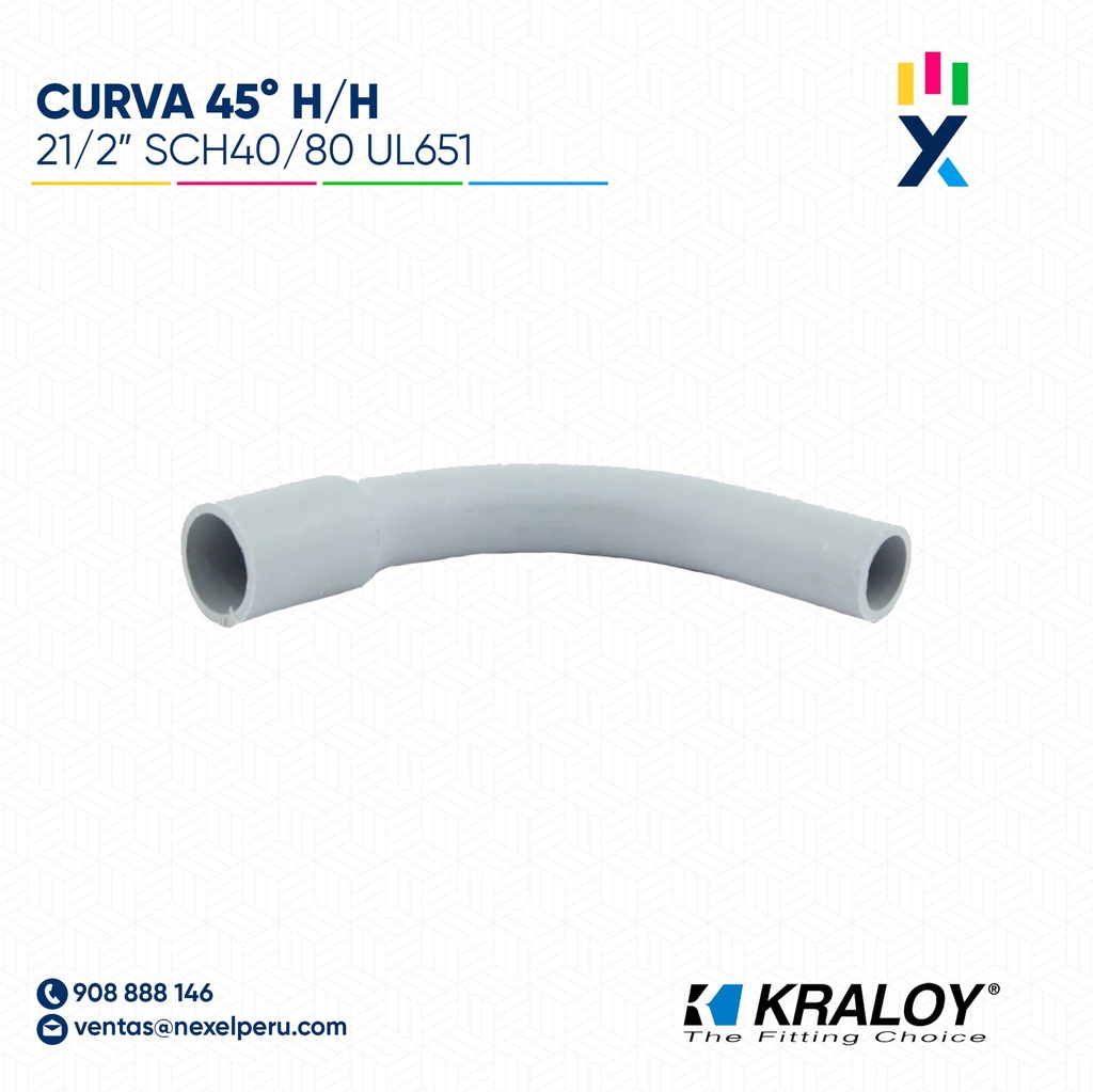 CURVA PVC SCH40 45° HEMBRA/HEMBRA 21/2" (62MM) UL651 KRALOY