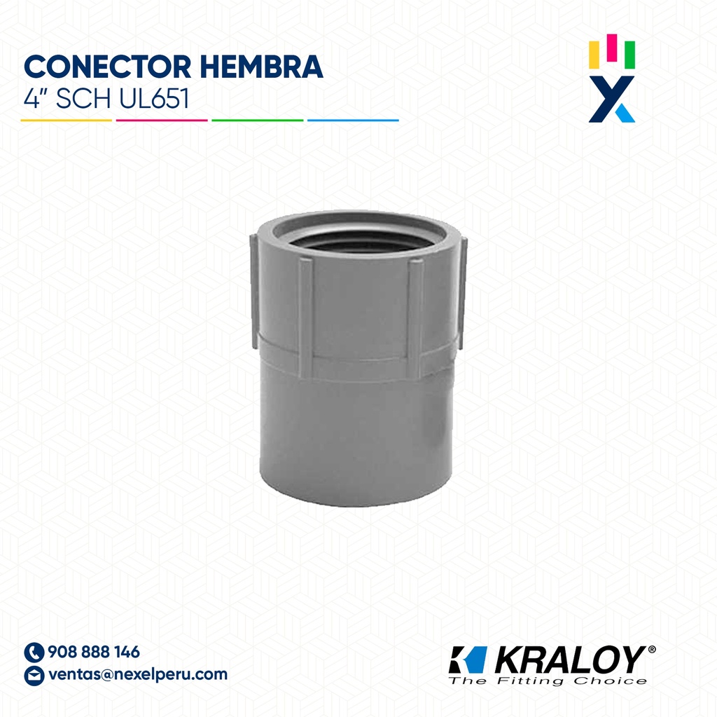 CONECTOR PVC HEMBRA SCH40/80 4" (100MM) UL651 KRALOY