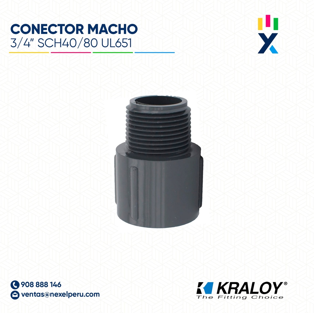 CONECTOR PVC MACHO SCH40/80 3/4" (18MM) UL651 KRALOY