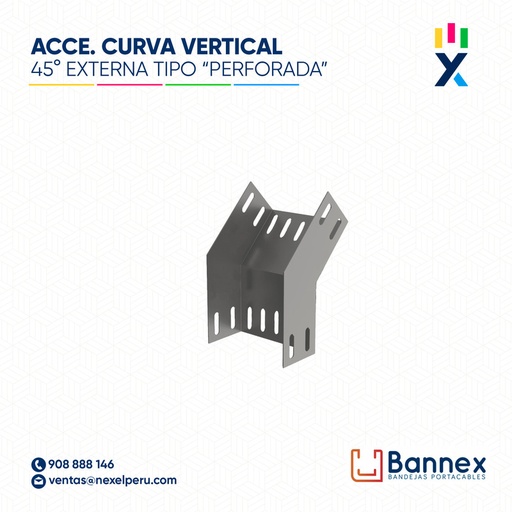 [C148444] CURVA VERTICAL EXTERNA 45° GALV. TIPO "PERFORADA" 200x150MM 1.5MM C/TAPA INC. UNION BANNEX