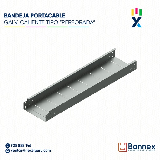 [C152688] BANDEJA MET. GALV. CALIENTE. PORTACABLE TIPO "PERFORADA" 200x100x2400MM 1.5MM C/TAPA INC. UNION BANNEX