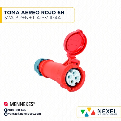 [F116261] TOMA AEREO 32A 3P+N+T 415V ROJO 6H IP44 TYP. 6  MENNEKES