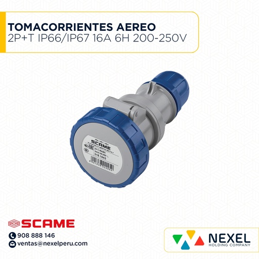 [F113720-O] OUT- TOMACORRIENTES AEREO 2P+T IP66/IP67 16A 6H 200-250V TYP:318.1643 SCAME