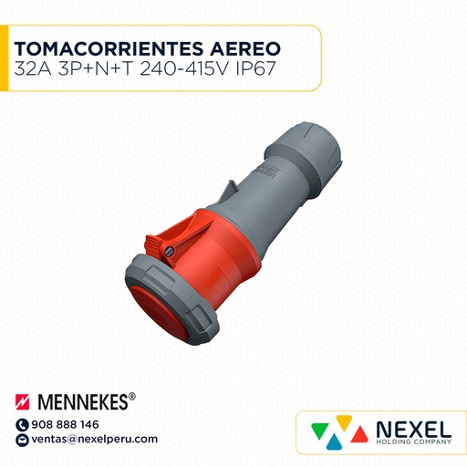 [F113693-O] OUT-TOMACORRIENTES AEREO 32A 3P+N+T 240-415V IP67 ROJO 6H TYP-562 MENNEKES
