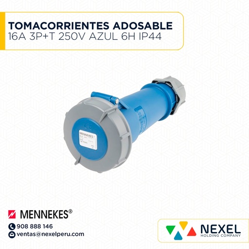 [F113682-O] OUT-TOMACORRIENTES ADOSABLE 16A 3P+T 250V AZUL 6H IP44 TYP:1267 MENNEKES