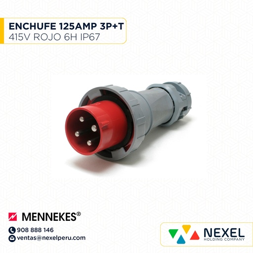 [F113209-O] OUT -ENCHUFE 125AMP 3P+T 415V ROJO 6H POWERTOP PLUS IP67 TYPE: 1443A MENNEKES