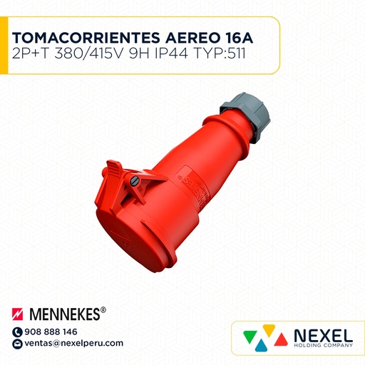[F113208-O] OUT- TOMACORRIENTE AEREO 16A 2P+T 380/415V 9H IP44 TYP:511 ROJO MENNEKES