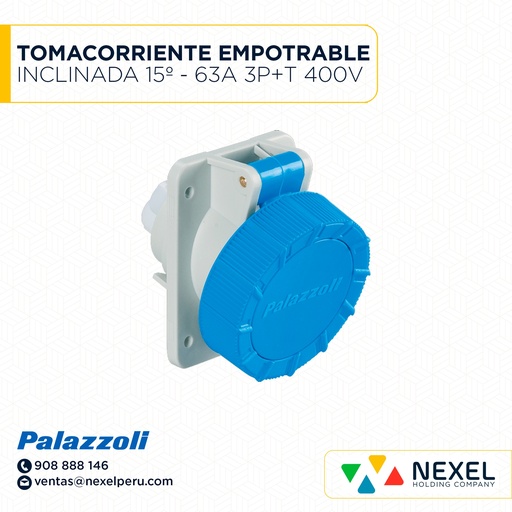 [F112167-O] OUT- TOMACORRIENTE EMPOTRABLE INCLINADA 15º - 63A 3P+T 400V 6H IP66/IP67 489336 PALAZZOLI