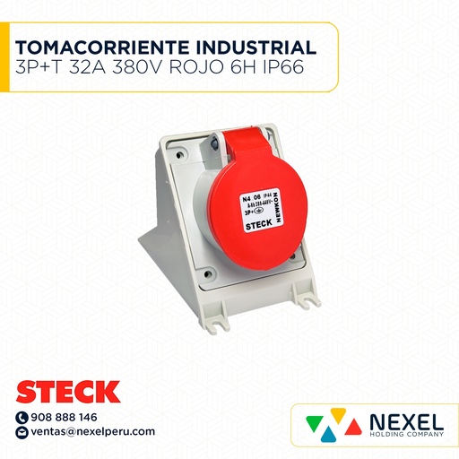 [F111982-O] OUT- TOMACORRIENTE INDUSTRIAL C/ENCLAVAMIENTO 3P+T 32A 380V ROJO 6H IP66 / S-4206/B STECK