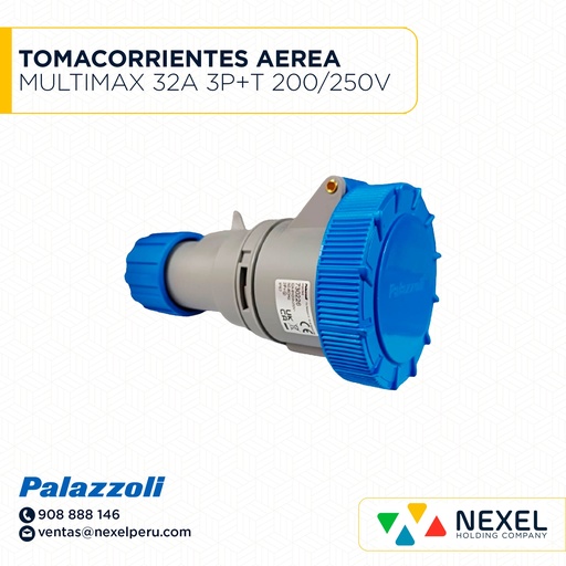 [F111394-O] OUT- TOMACORRIENTES AEREA MULTIMAX 32A 3P+T 200/250V 6H IP44 AZUL 720239 PALAZZOLI