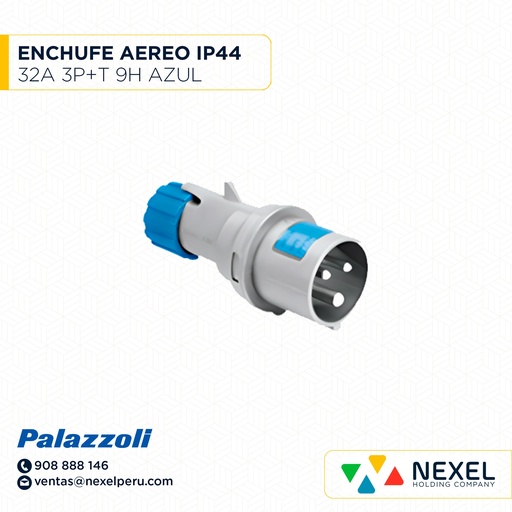 [F111387-O] OUT- ENCHUFE AEREO 32A 3P+T 9H IP44 AZUL / 700239 PALAZZOLI