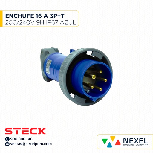 [F111366-O] OUT- ENCHUFE 16A 3P+T 200/240V 9H IP67 AZUL S-4079W STECK