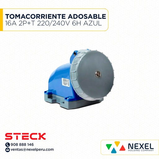 [F111325-O] OUT- TOMACORRIENTE ADOSABLE 16A 2P+T 220/240V 6H IP67 S-3006W AZUL STECK