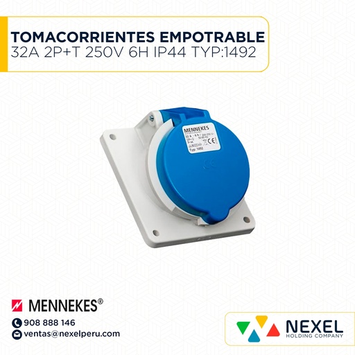 [F111320] TOMACORRIENTES EMPOTRABLE 32A 2P+T 250V 6H IP44 TYP:1492 AZUL MENNEKES