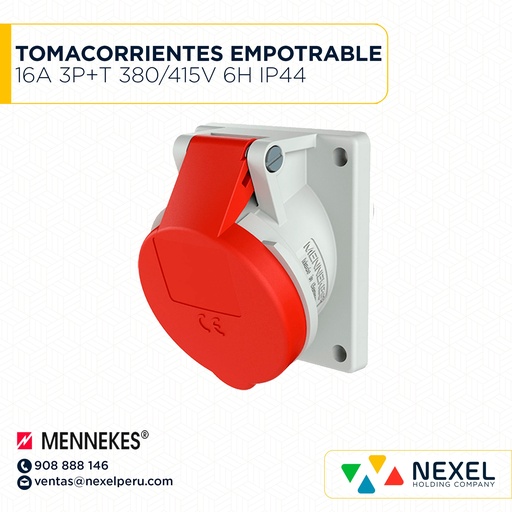 [F111319-O] OUT- TOMACORRIENTE EMPOTRABLE 16A 3P+T 380/415V 6H IP44 TYP:1467 ROJO MENNEKES