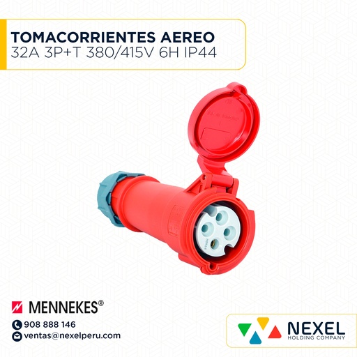 [F111314] TOMACORRIENTES AEREO 32A 3P+T 380/415V 6H IP44 TYP:526 ROJO MENNEKES