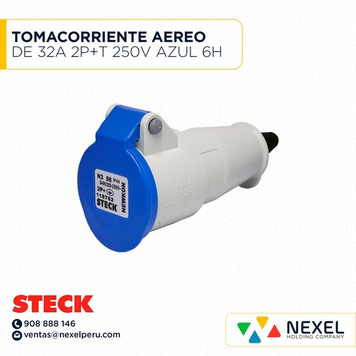[F111099] TOMACORRIENTE AEREO DE 32A 2P+T 250V AZUL 6H IP44 / N-3256 STECK
