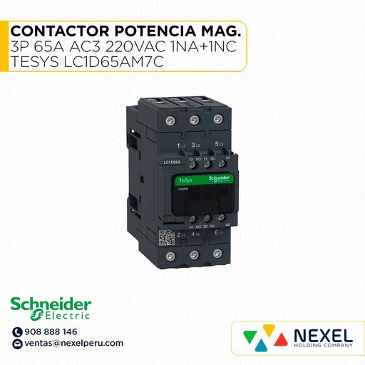 [G352694] CONTACTOR POTENCIA MAGNETICO 3P 65A AC3 220VAC 1NA+1NC TESYS LC1D65AM7C SCHNEIDER