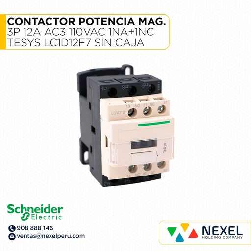 [G36248] CONTACTOR POTENCIA MAGNETICO 3P 12A AC3 110VAC 1NA+1NC TESYS LC1D12F7 SIN CAJA (OULET) SCHNEIDER