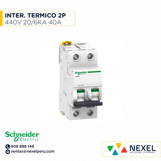 [G14685] INTERRUPTOR AUT TERMOMAG P/RIEL 2P 40A 230/440VAC 20/6KA IC60N A9F74240 SCHNEIDER