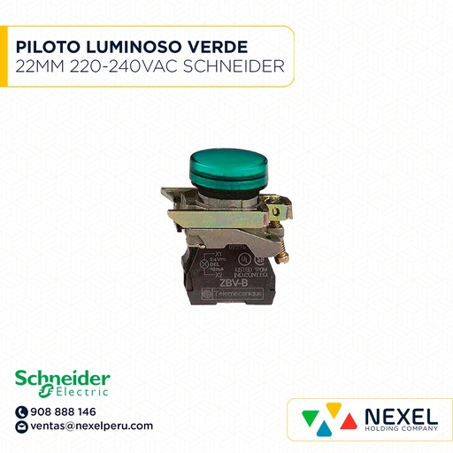[G64184] PILOTO RASANTE METAL VERDE 22MM 220-240VAC C/LED + BLOCK LUMINOSO LED VERDE 230-240VAC HARMONY ZBV6 SCHNEIDER