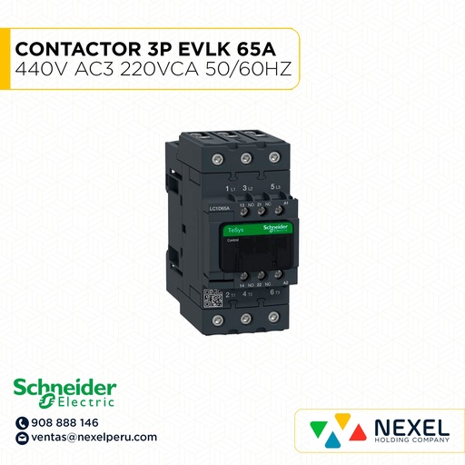 [G33513] CONTACTOR 3P EVLK 65A 440V AC3 220VCA 50/60HZ LC1D65AM7 SCHNEIDER