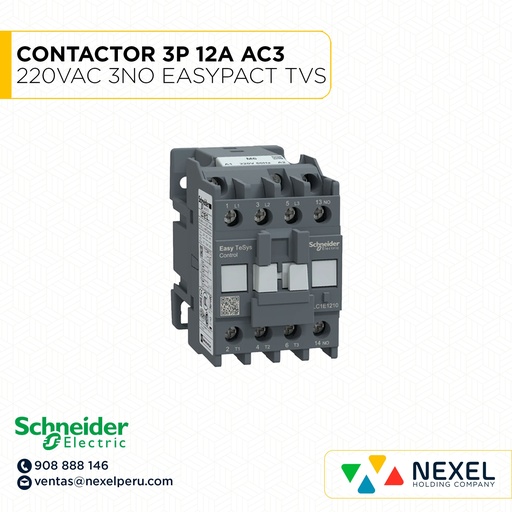 [G33180] CONTACTOR 3P 12A AC3 220VAC 3NO EASYPACT TVS LC1E1210M6 SCHNEIDER