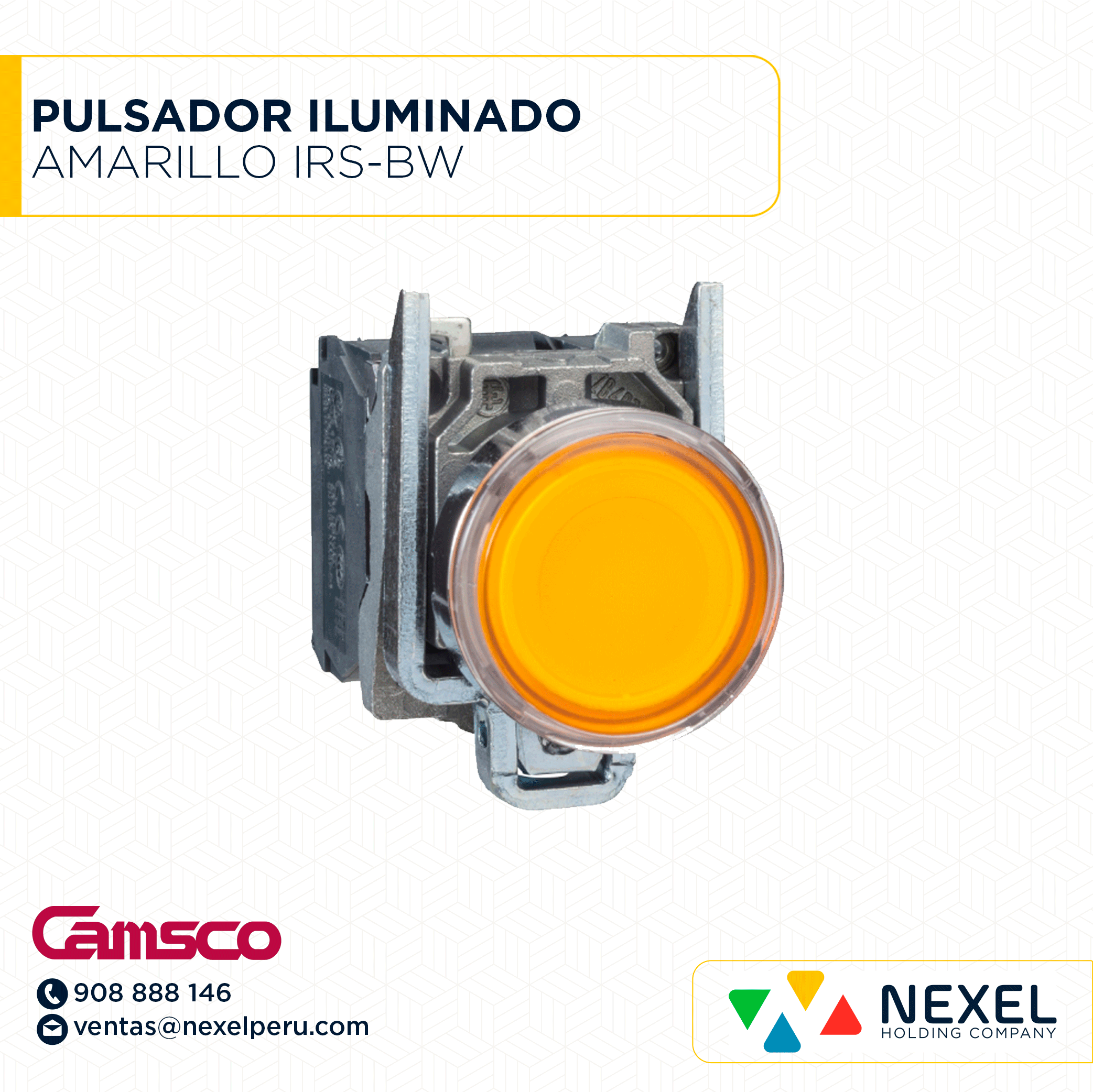 [G63027-O] OUT- PULSADOR ILUMINADO AMARILLO IRS-BW 1 N/O . 1 N/C 1 N/O+ 1 N/C CAMSCO