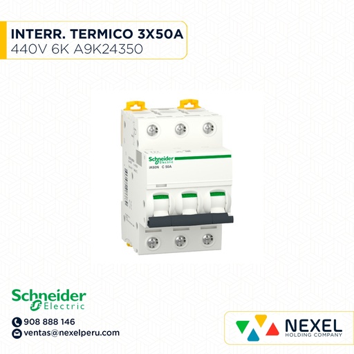 [G12509] INTERR. TERMICO 3X50A 400V 6K ACTI9 IK60N C50A A9K24350 SCHNEIDER