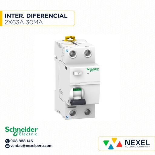 [G12487] INTERRUPTOR DIFERENCIAL 2X63A 30MA ACTI9-ILD TIPO AC A9R71263 *** SCHNEIDER