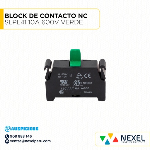 [G32390] BLOCK DE CONTACTO NC SLPL41 10A 600V VERDE AUSPICIOUS