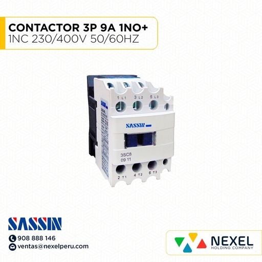 [G31160] CONTACTOR 3P 9A (1NO+1NC) 230/400V 50 / 60 HZ COD:3SC8-0911 SASSIN