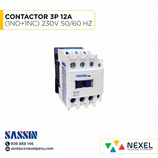 [G31158] CONTACTOR 3P 12A (1NO+1NC) 230V 50 / 60 HZ COD:3SC8-1211 SASSIN