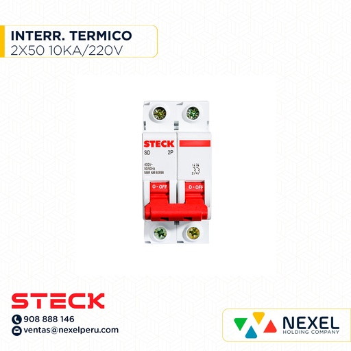 [G11104] INTERRUPTOR TERMOMAGNETICO 2X50A. 10KA/220V IEC 60898. SDZD62C50 CURVA C.RIEL DIN STECK