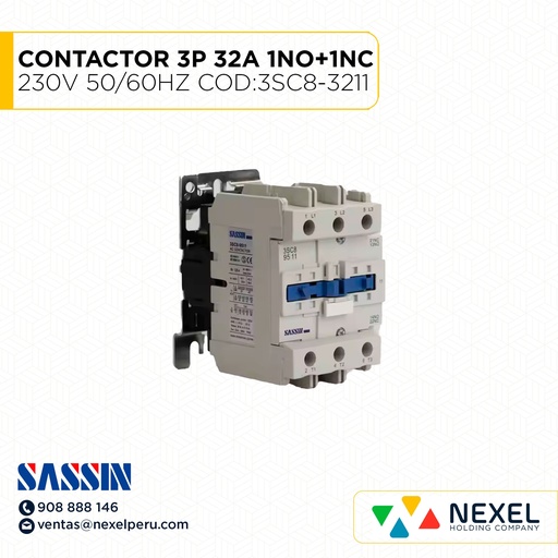 [G31044] CONTACTOR 3P 32A (1NO+1NC) 230V 50 / 60 HZ COD:3SC8-3211 SASSIN