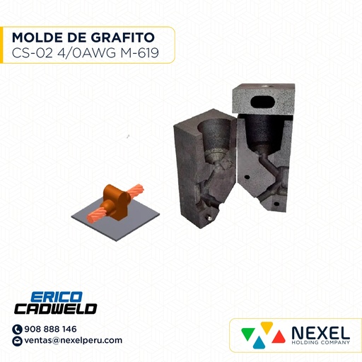 [E101056] MOLDE CABLE A SUP. METALICA (CS-02) (4/0AWG-HORIZONTAL) T/ M-619 C/ HCC-2Q #150 CADWELD (OXIDO EN EL ALAMBRE Y QUIÑO DEL GRAFITO)