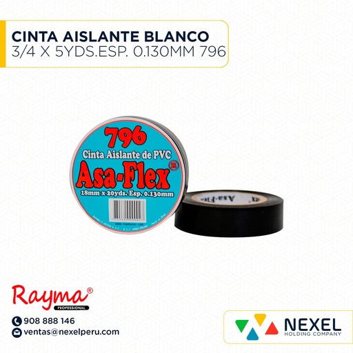 [F14207] CINTA AISLANTE BLANCO 3/4 X 5YDS.ESP. 0.130MM 796 ASAFLEX