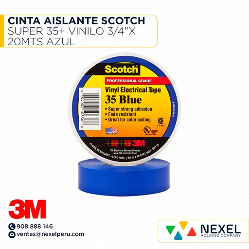 [F13391] CINTA AISLANTE SCOTCH SUPER 35+ VINILO 3/4"X 20MTS AZUL 3M