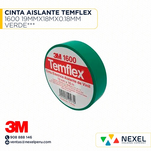 [F13120] CINTA AISLANTE TEMFLEX 1600 19MMX18MX0.18MM VERDE*** 3M