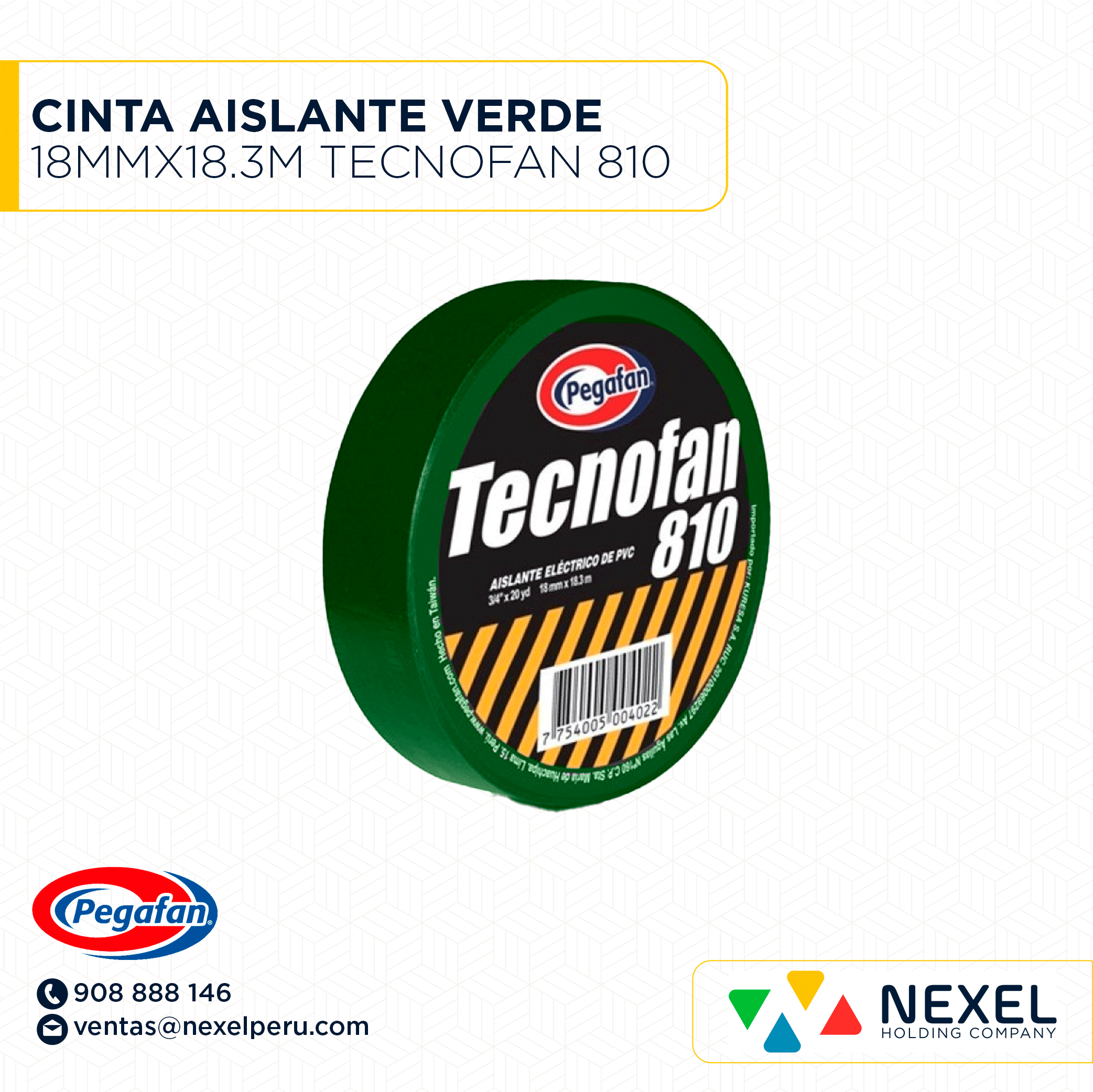 [F12378] CINTA AISLANTE VERDE 18MMX18.3M TECNOFAN 810 PEGAFAN