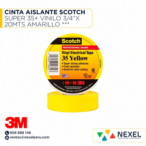 [F11830] CINTA AISLANTE SCOTCH SUPER 35+ VINILO 3/4"X 20MTS AMARILLO *** 3M