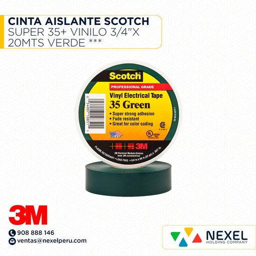 [F11788] CINTA AISLANTE SCOTCH SUPER 35+ VINILO 3/4"X 20MTS VERDE *** 3M