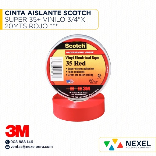 [F11787] CINTA AISLANTE SCOTCH SUPER 35+ VINILO 3/4"X 20MTS ROJO *** 3M